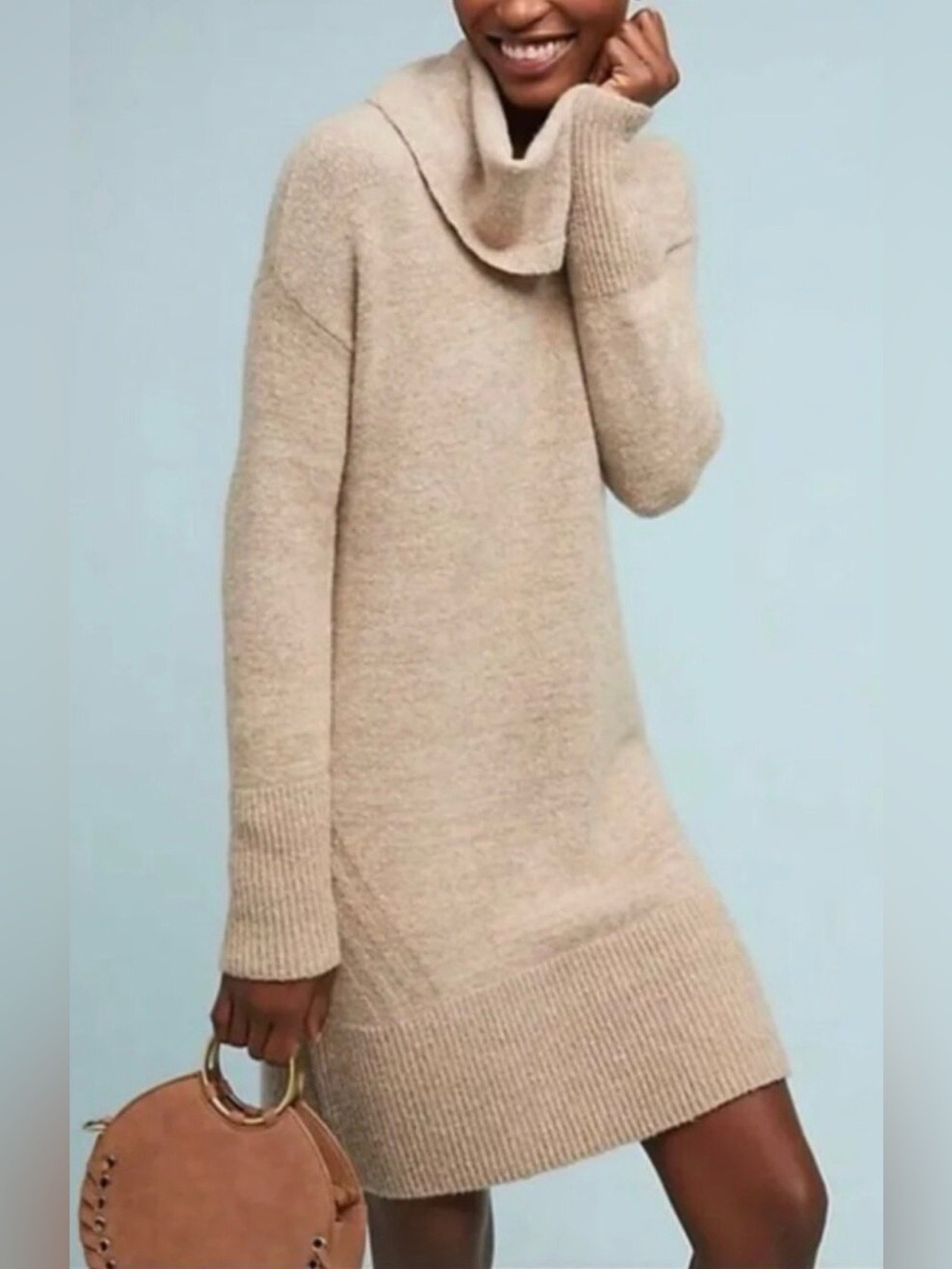 Anthropologie Beige Sonoran Cowl Turtleneck Sweater Dress - Picture 1 of 7